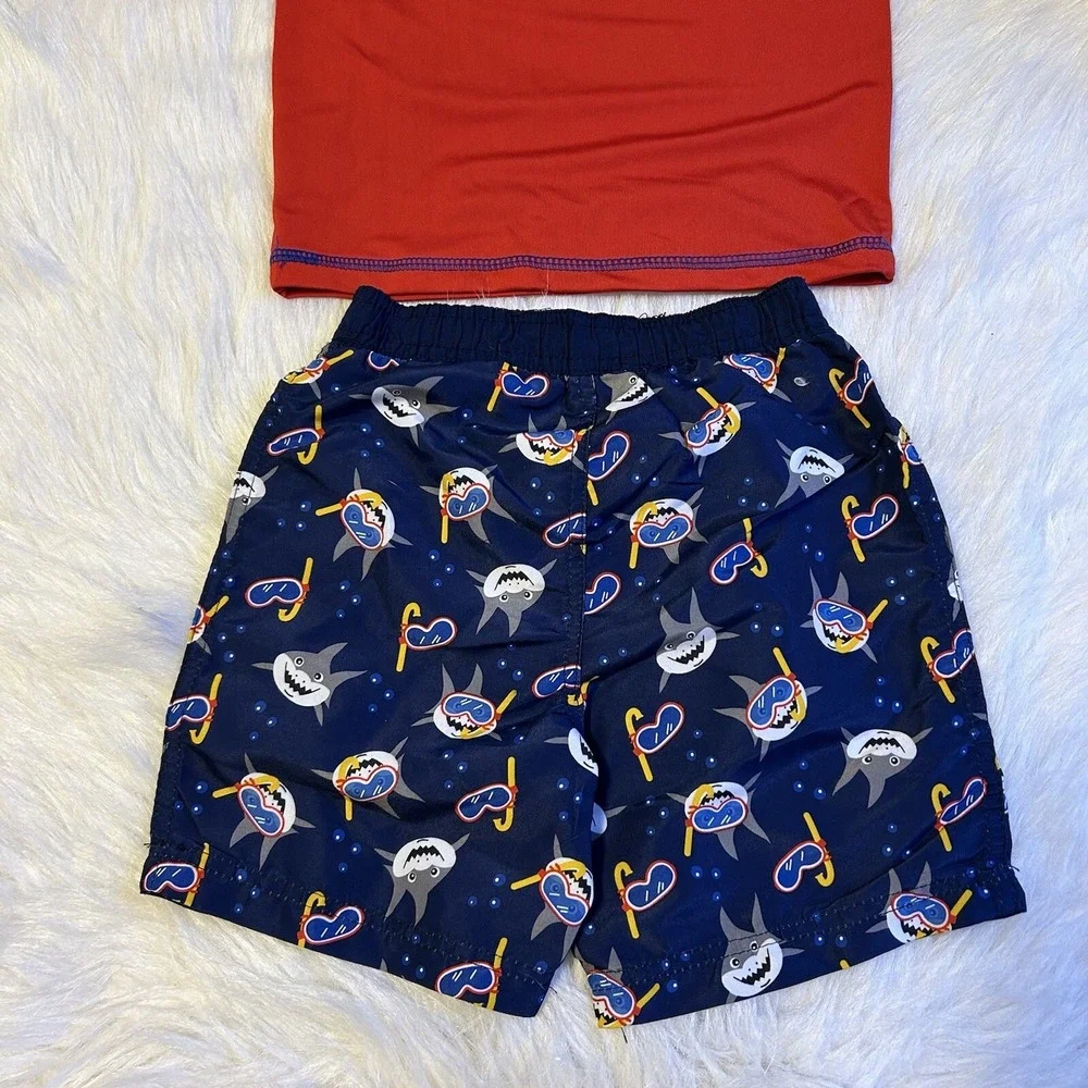 Swiggles Swimsuit Toddler Boys Size 2T Red Blue‎ Shark Two Piece Set Rashguard